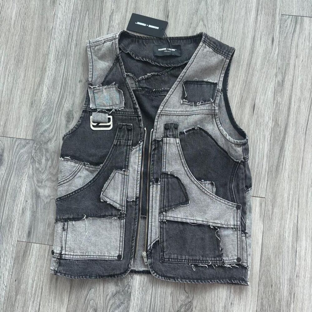 NWT Homme Femme Denim Patchwork Vest Black/Gray Men’s XS